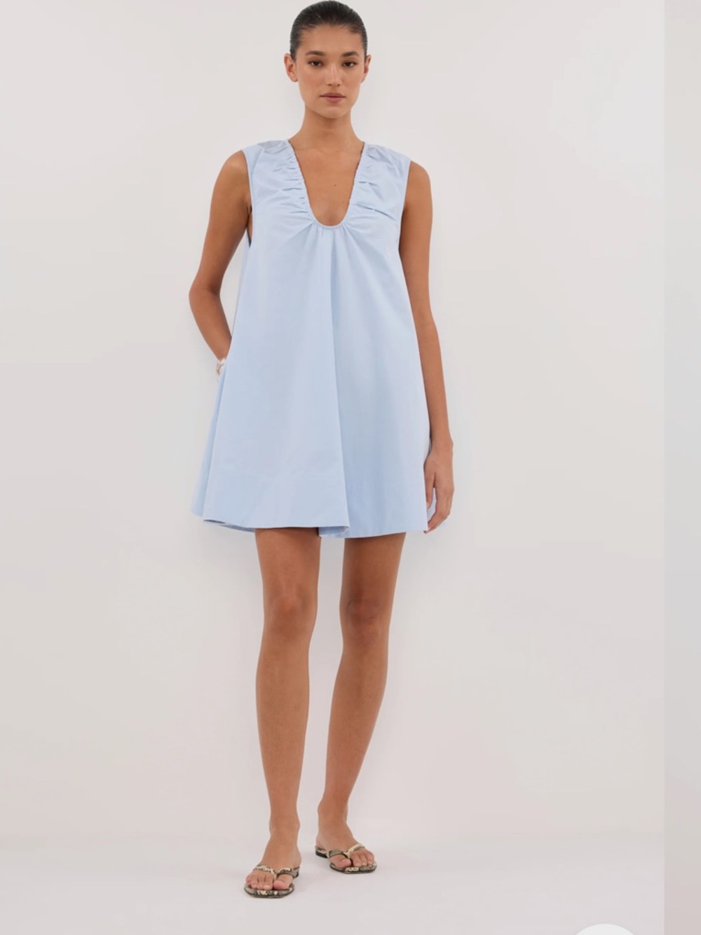 DISSH Gabby Cornflower Oversized Cotton Mini Dress- Light Blue V-Neck Sleeveles